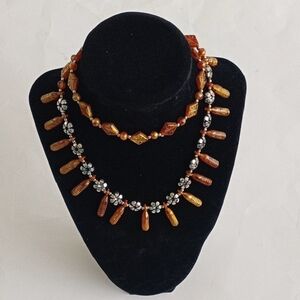 Brown and Silver Necklace with Amber Fringe Design